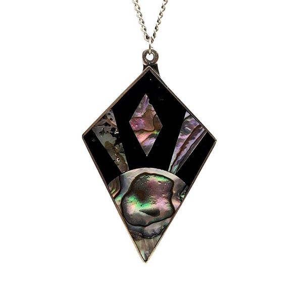 Vintage Silver Inlaid Mother of Pearl and Jet Art Deco Design Pendant 18" Chain - Picture 3 of 6